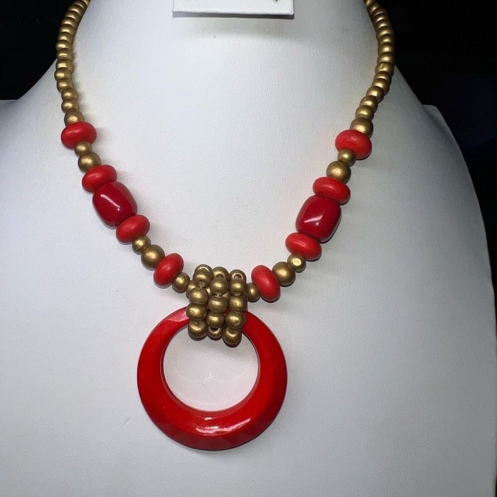 Vintage Boho Gold Wood Beads and Plastic Pendant Necklace